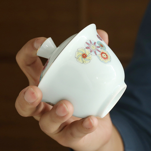 陶瓷皮球花羊脂玉盖碗茶杯家用功夫茶具单个大容量泡茶器敬茶碗