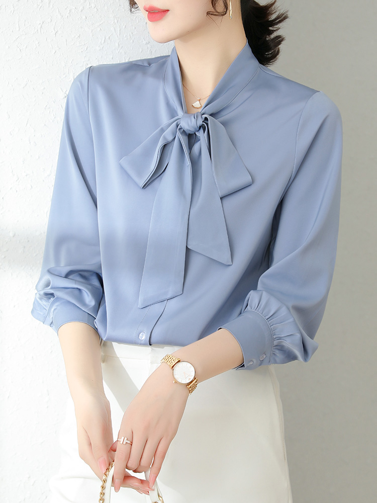 雪纺衬衫女仿真丝高端新款春秋装蝴蝶结衬衣职业气质飘带长袖薄款