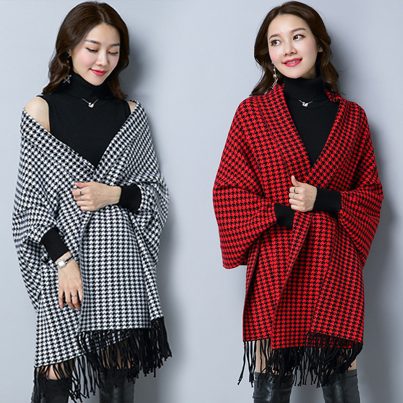 羊毛带袖披肩女新款千鸟格春秋冬季外搭配旗袍斗篷蝙蝠式流苏披风