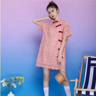旗袍新款2024年轻款年中国风女装粉色国风胖mm女改良新中式连衣裙