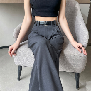灰色西装阔腿裤女夏季冰丝2024新款高级感窄版垂感直筒休闲拖地裤