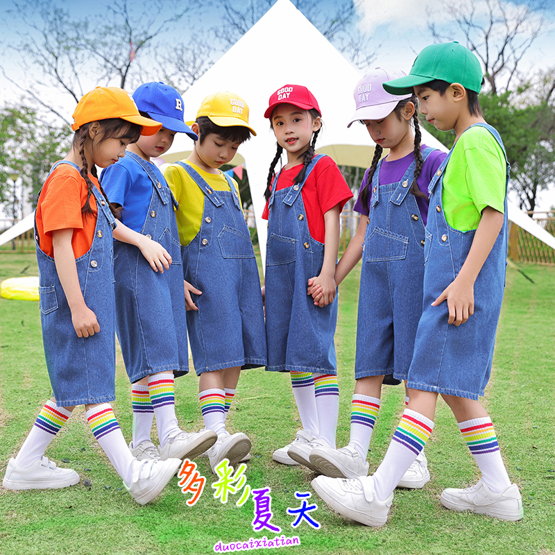 六一儿童表演出服装幼儿园毕业照糖果色T恤牛仔披肩小学生啦啦队
