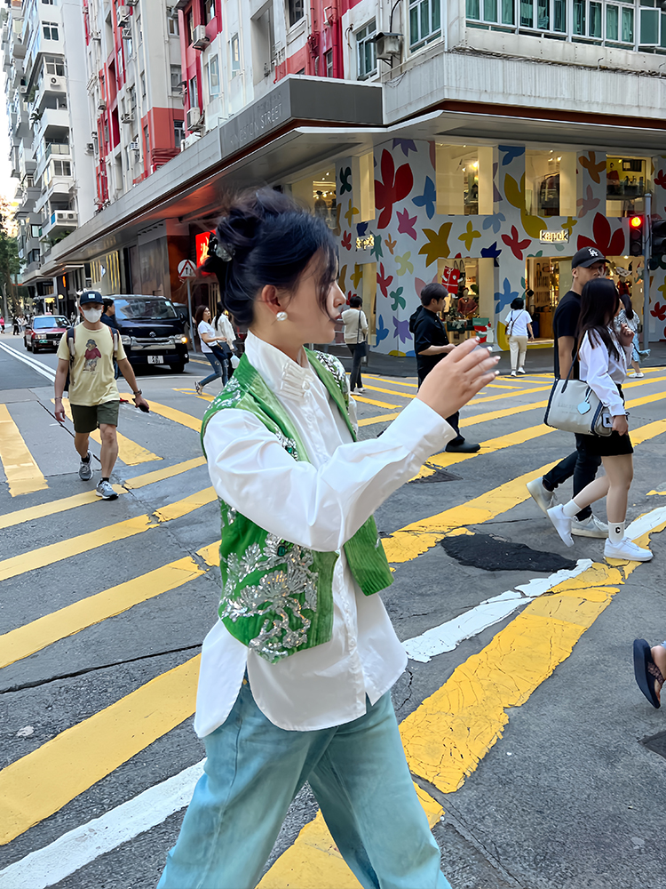 JAC国风设计师重工珠片工艺外套西服马甲早春新中式绿色丝绒半裙