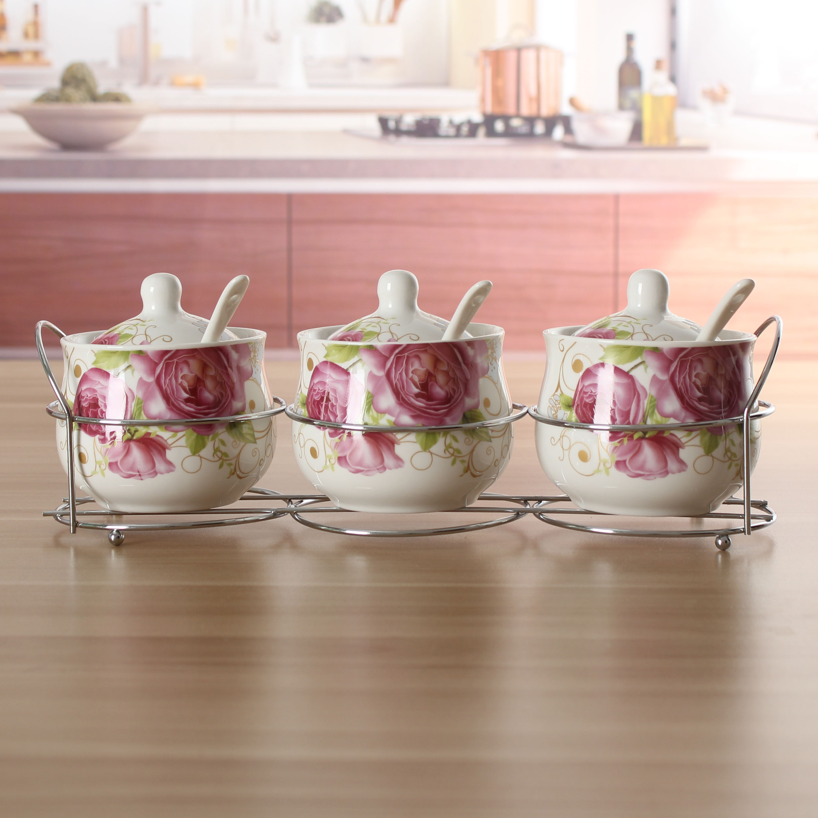 欧式陶瓷调味罐三件套装 金丝玫瑰厨房用品糖盐胡椒罐缸瓶创意