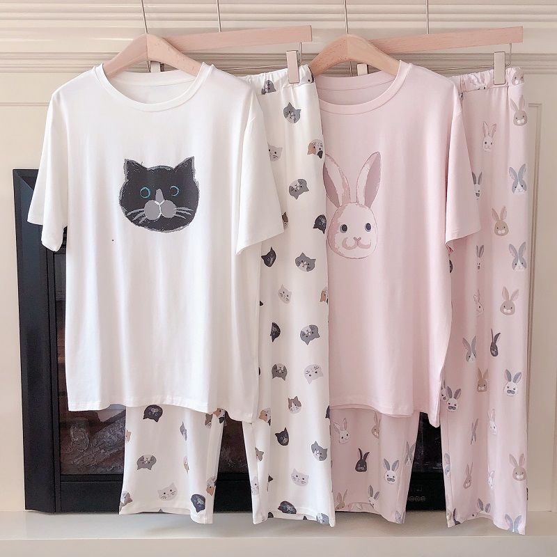 睡衣女夏季日系薄款可爱兔子猫咪莫代尔棉柔软短袖长裤家居服套装