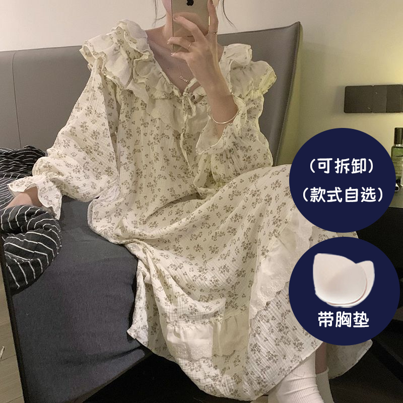 睡裙女春秋季纯棉甜美碎花长袖胸垫新款花边可爱减龄美少女睡裙