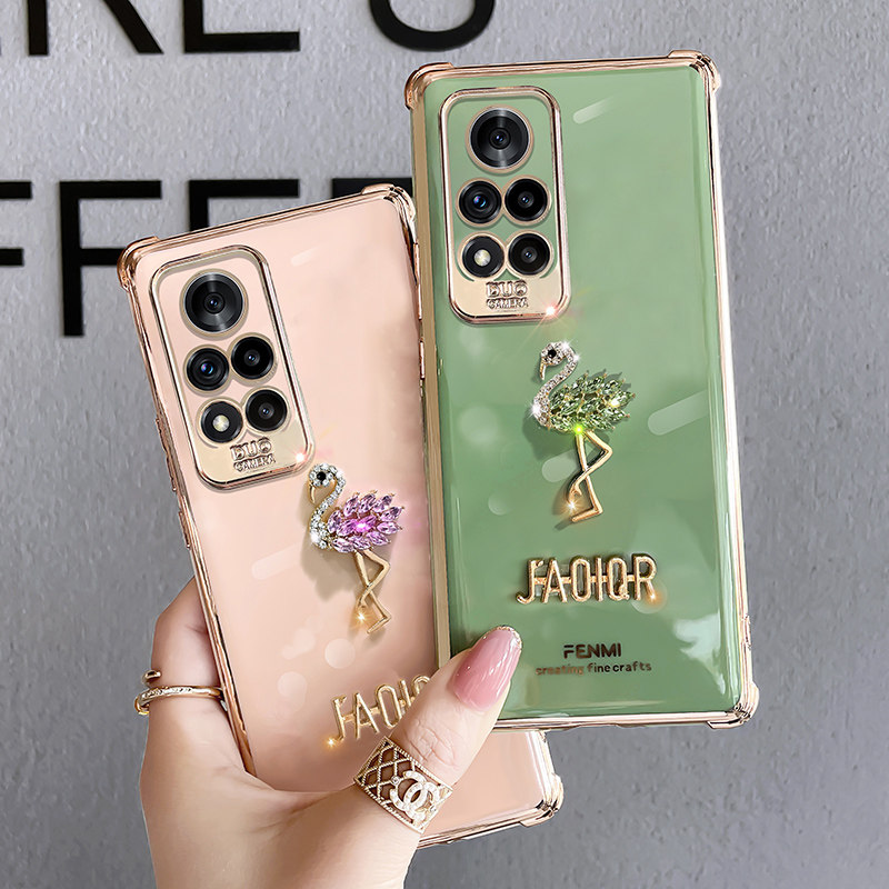 火烈鸟荣耀v40手机壳女高档奢华水钻限量版华为荣耀v40轻奢版软硅胶防