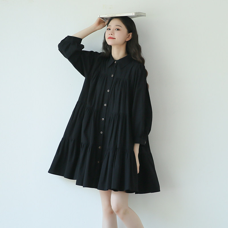 suin2021秋季新黑色宽松a字公主娃娃裙女九分泡泡袖衬衫式连衣裙