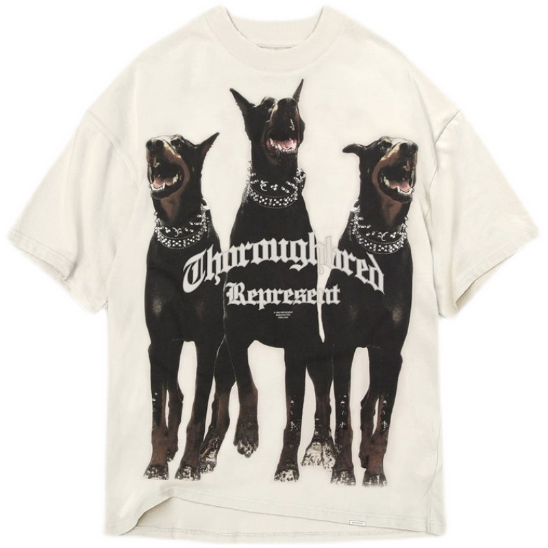 represent 复古水洗 三只猎犬杜宾犬印花破洞 情侣休闲短袖t恤潮