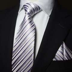 Ptah Atum 奢华经典商务 白色紫色条纹真丝正装领带 男士领带套装