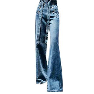 【地球店】蓝色宽松斜纹牛仔裤女秋季双排扣高腰直筒裤小众设计感