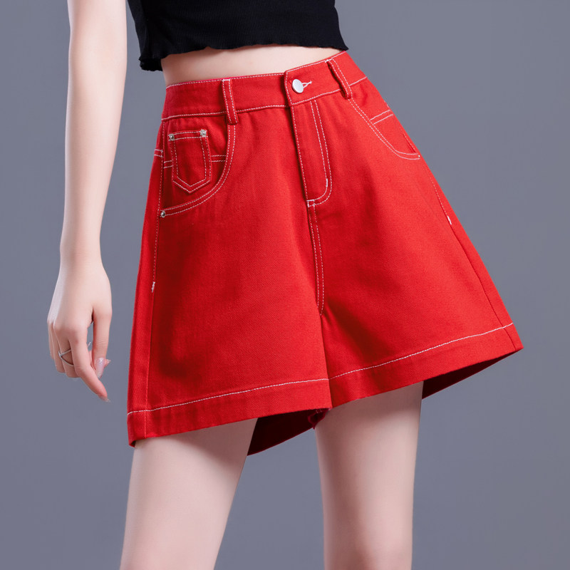 大红色牛仔短裤女夏高腰2022年新款阔腿中裤宽松a字五分裤四分裤