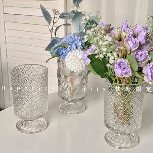法式复古vintage轻奢浮雕刻花高脚玻璃花瓶客厅插花鲜花创意花瓶