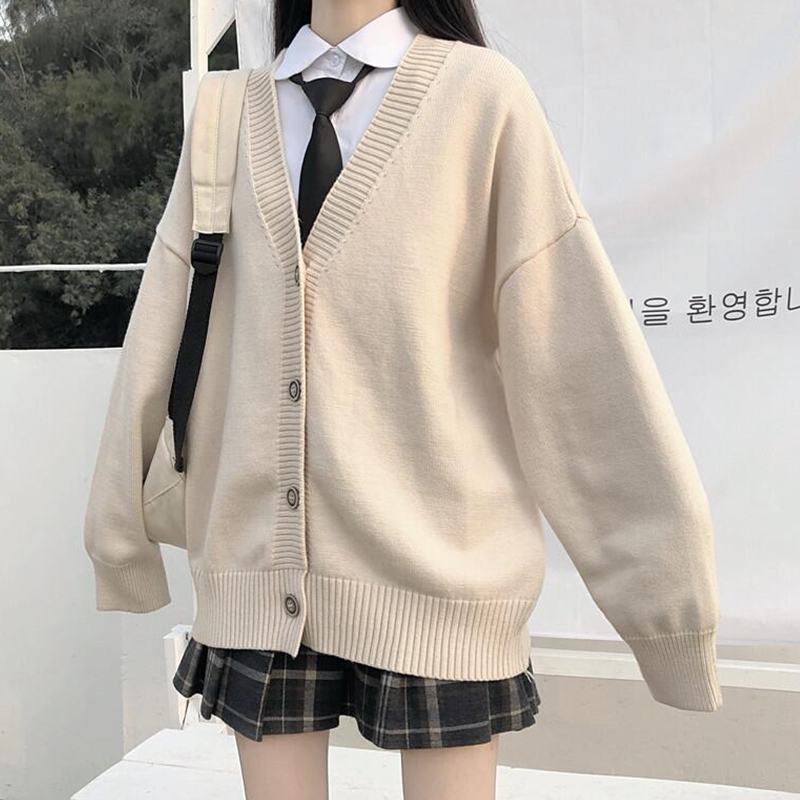 学院风宽松V领开衫2020新款慵懒风毛衣女春秋外穿jk针织衫外套女