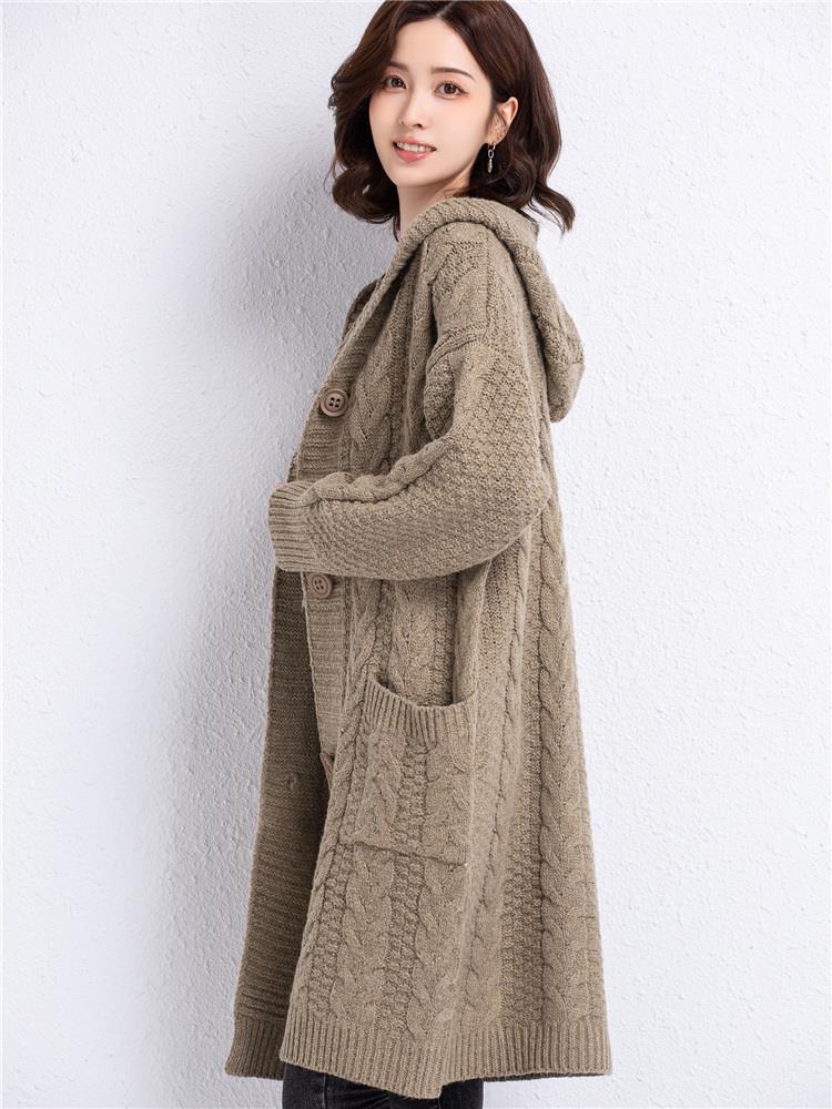 连帽毛衣外套女带帽中长款