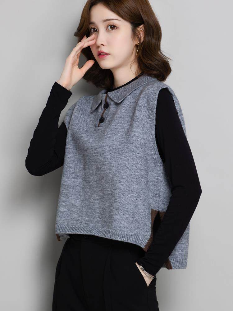 春秋新款设计感小众针织马甲女士外穿潮流短款高腰娃娃领毛衣背心