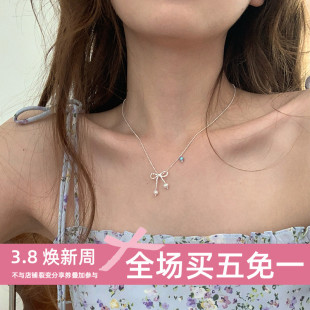 S925纯银小众甜美蝴蝶结碎银子珍珠项链小仙女颈链精致轻奢锁骨链