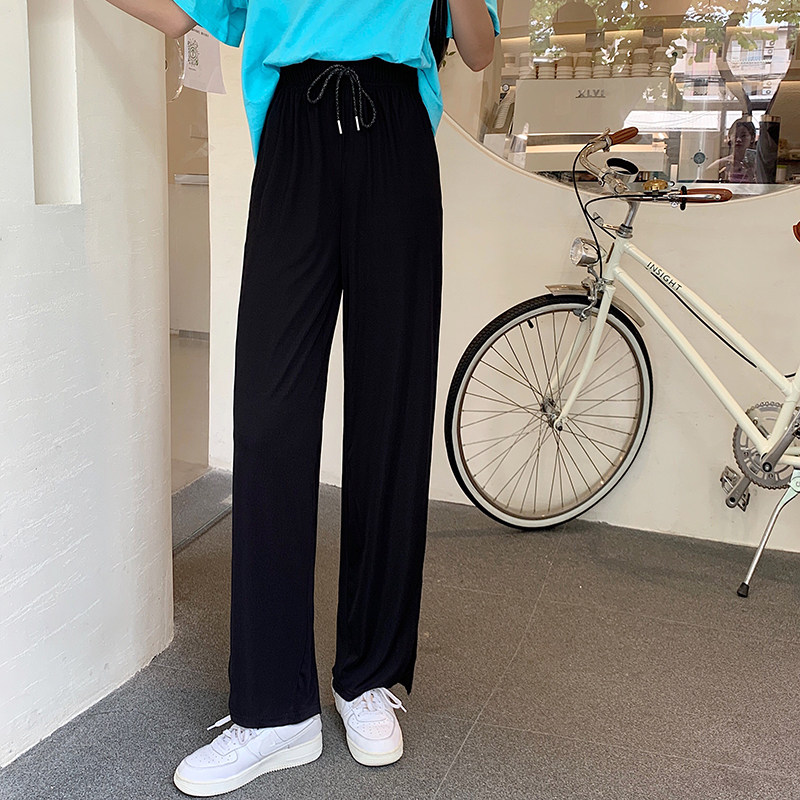 胖mm大码冰丝凉凉裤显瘦黑色夏季开叉裤女2021新款显瘦垂感阔腿裤