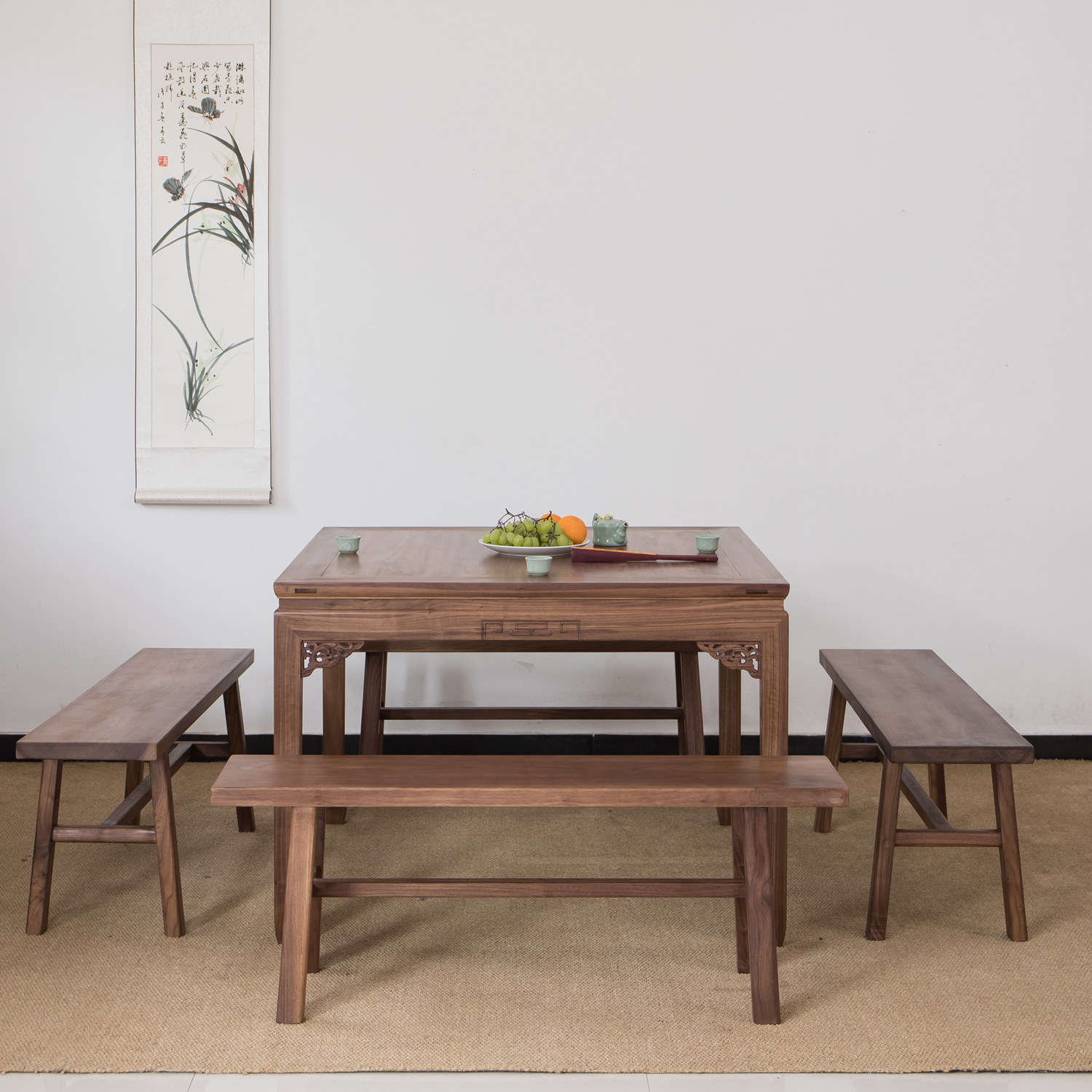 禅意新中式黑胡桃木方桌八仙桌现代简约8人餐桌家具实木榆木方桌