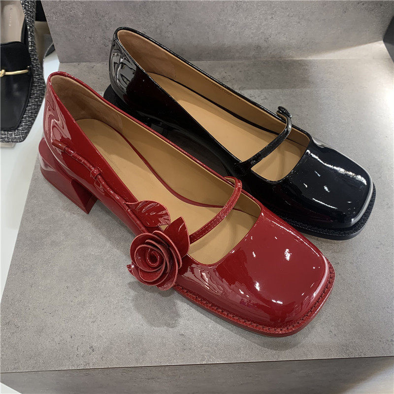 小ck2022春季新款女鞋61720092方头低跟玛丽珍鞋一枝玫瑰花单鞋