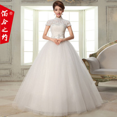 韩版一字肩蕾丝婚纱礼服2014冬季新款新娘结婚显瘦双肩复古时尚