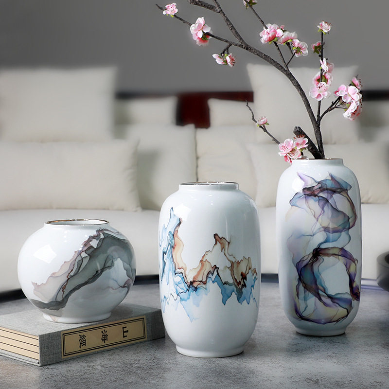 梵茜新中式花瓶摆件 软装酒店别墅家居古风水墨陶瓷插花花器摆设