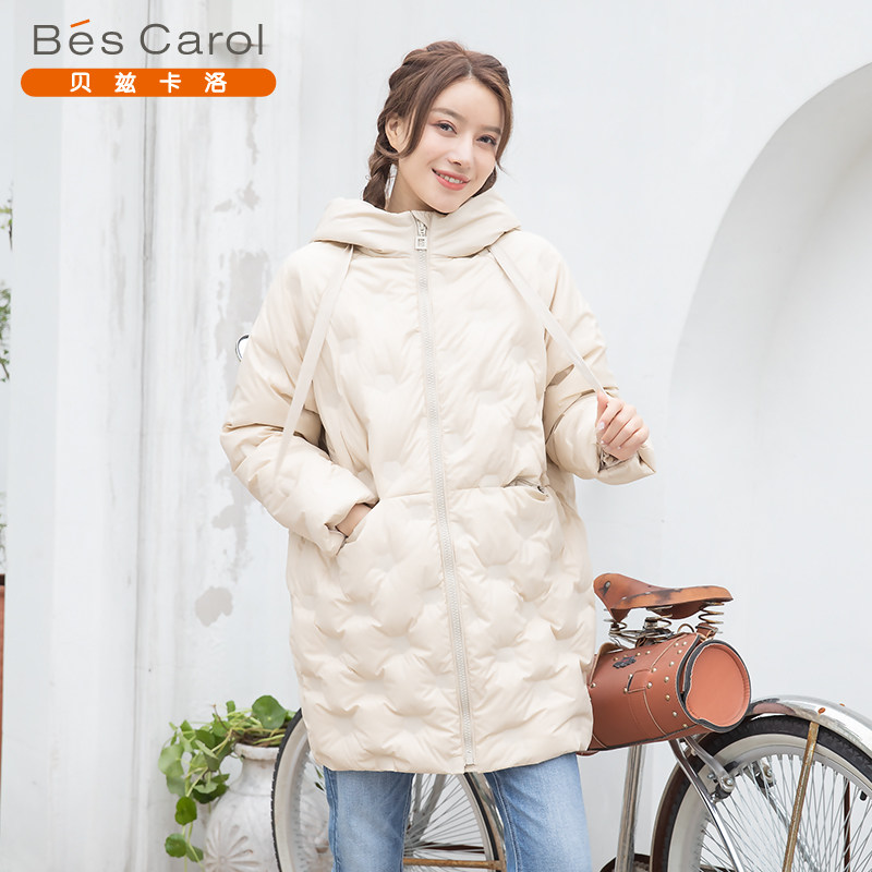 贝兹卡洛女装中长款连帽羽绒服女2021冬装新品压胶轻薄羽绒外套女