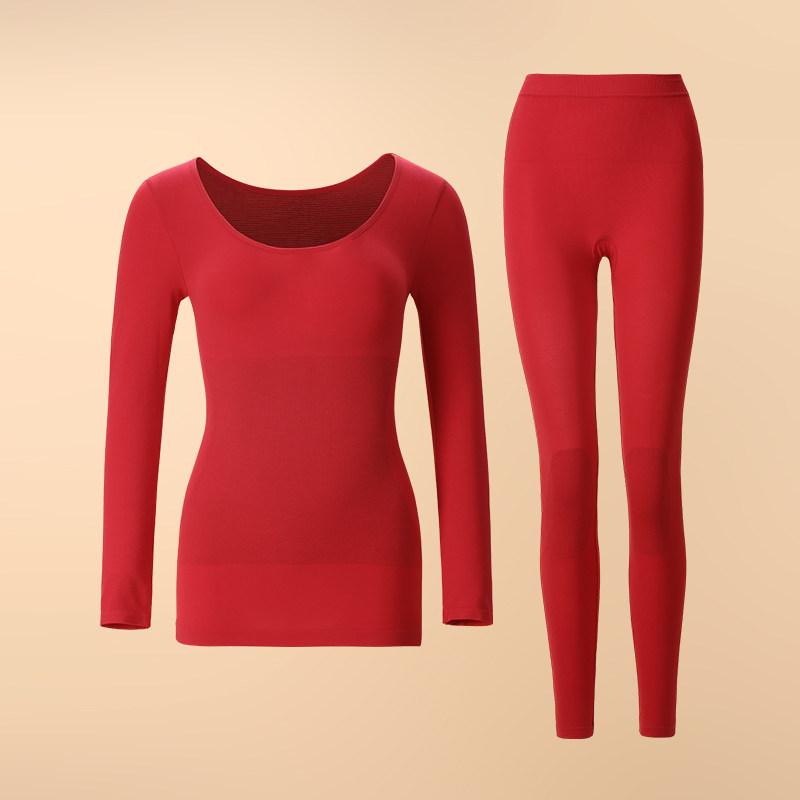 大红色女士低领长袖薄款套装秋衣裤本命年发热保暖修身防寒内衣