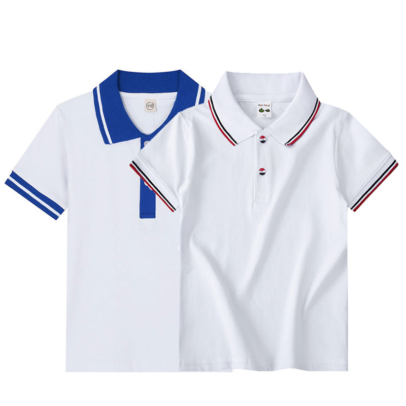 儿童短袖t恤纯棉白色小学生校服班服Polo衫男女童蓝色翻领打底衫