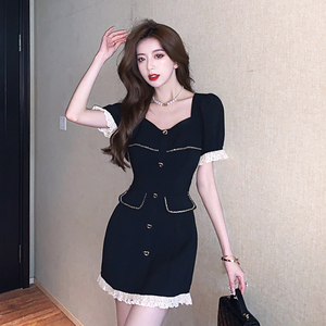 Small black skirt lace stitching high waist slim short sleeved dress