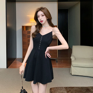 Suspender high waist slim A-shaped small black dress summer