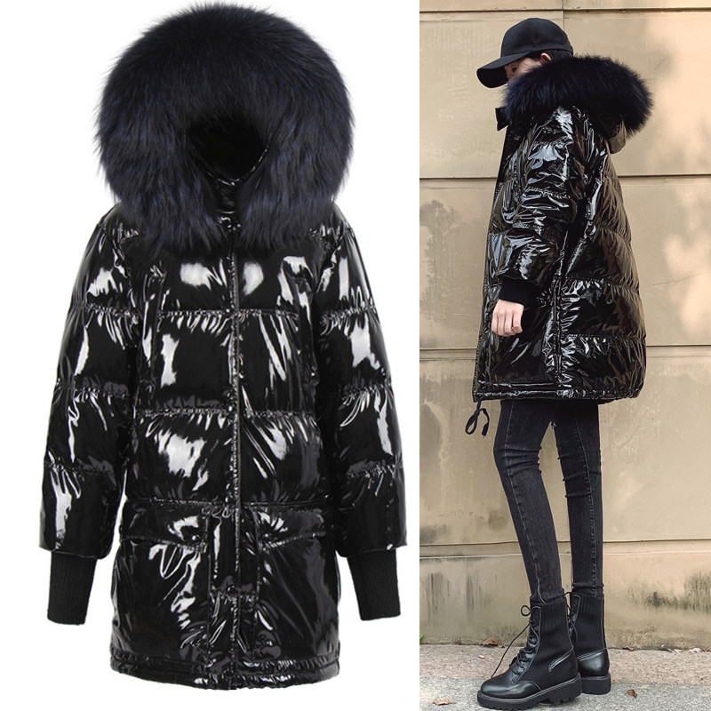 特价亮皮外套女冬_2019新款亮面羽绒服女中长款亮皮韩版宽松免洗真毛
