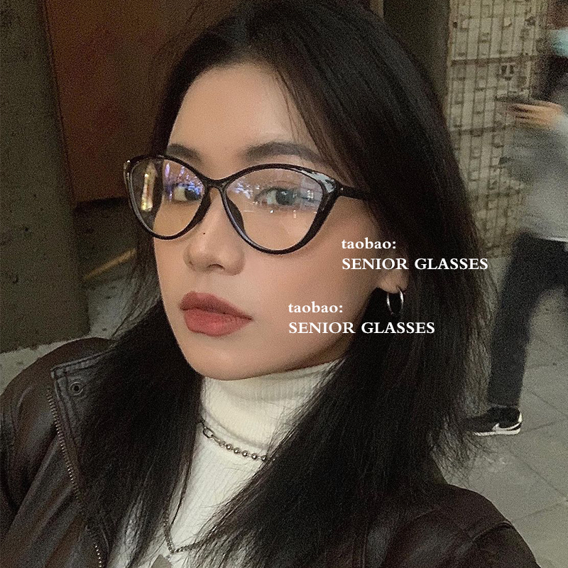 SENIOR GLASSES猫眼小框黑色眼镜框女小脸网红款眼镜架配近视度数