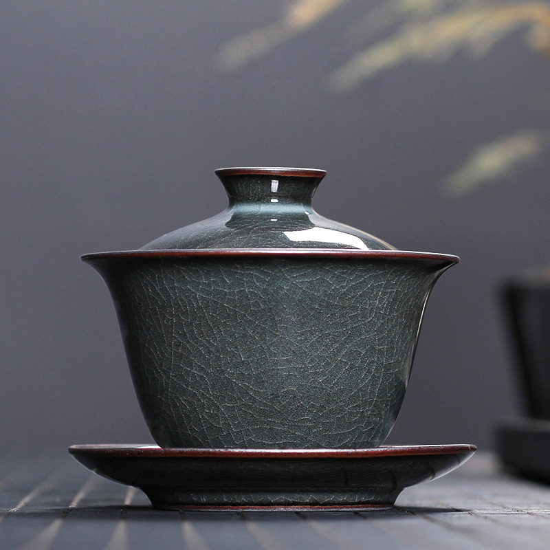 青瓷三才盖碗茶杯大号龙泉冰裂陶瓷手工泡茶功夫茶具中式复古家用