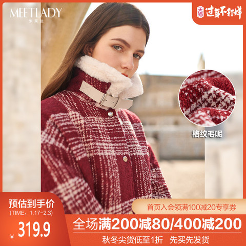 米莱达红格拼接撞色仿兔绒翻领上衣2019冬新款复古加厚短外套女
