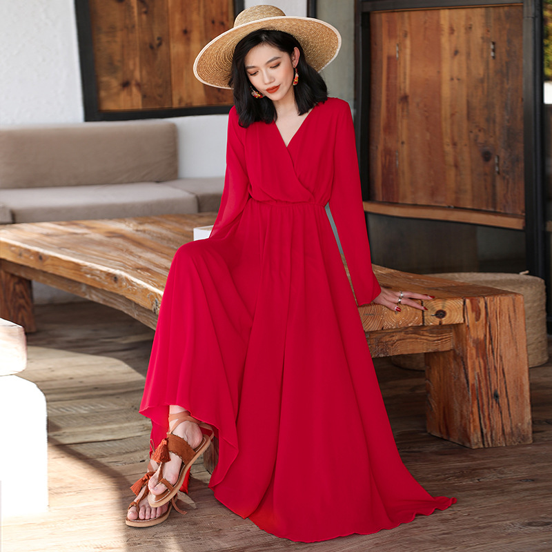 红色飘逸连衣裙超仙