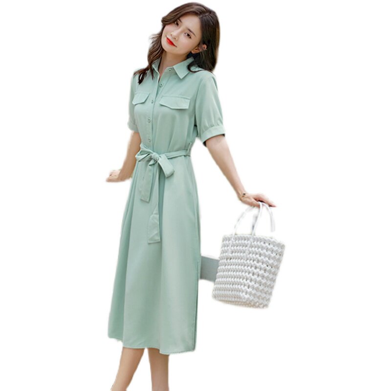 深依度2021夏装新款大码女装夏季时尚优雅简洁清新连衣裙 8803 - 深
