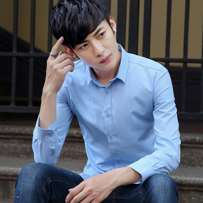 青年白衬衫男士短袖休闲夏季纯色韩版修身商务长袖衬衣男潮流正装