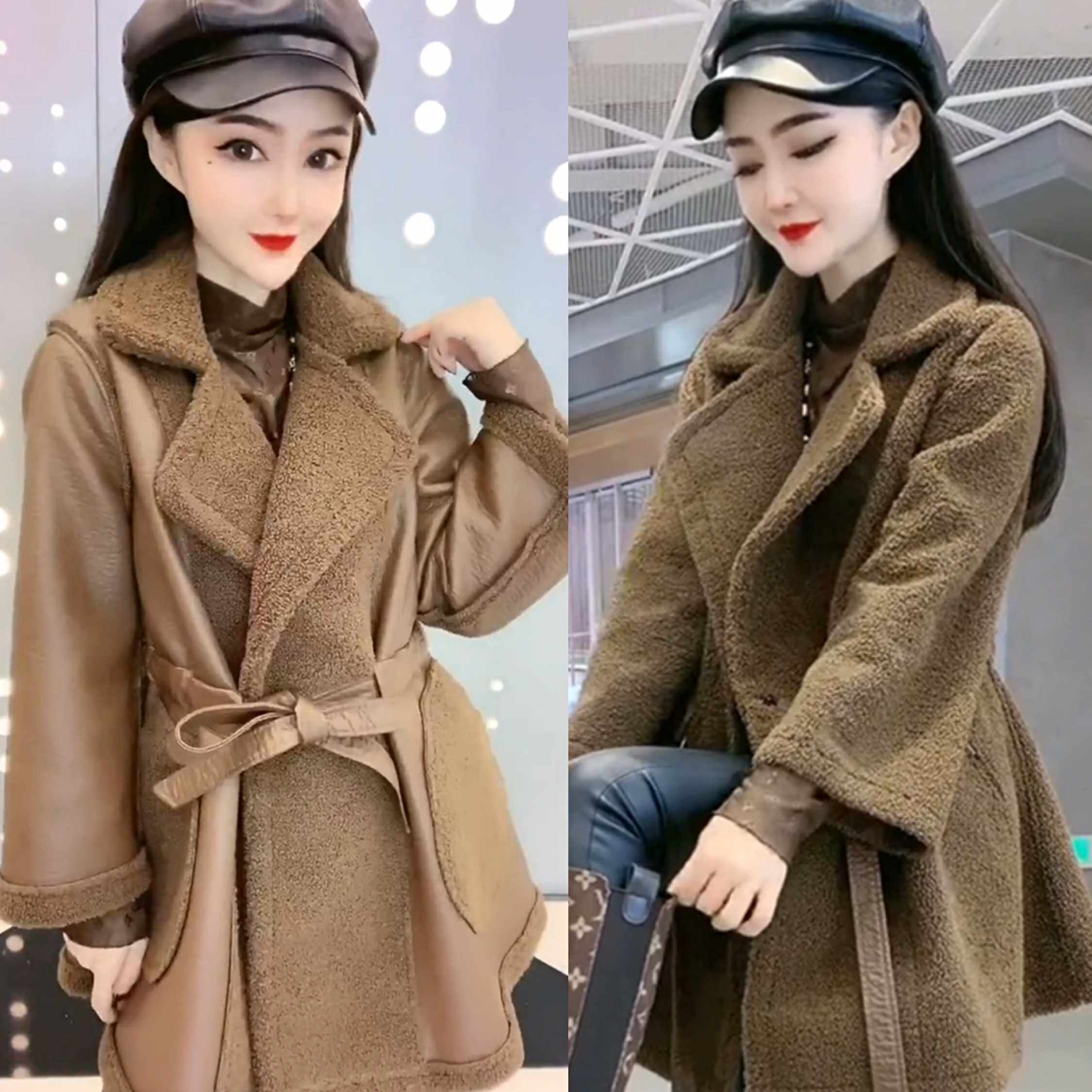 系带皮毛一体双面外套女秋冬季2021新款羊羔毛两面穿中长款大衣潮