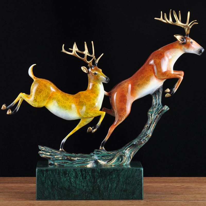 彩铜梅花鹿摆件对鹿中式鹿摆设家居客厅电视柜装饰品乔迁商务礼品