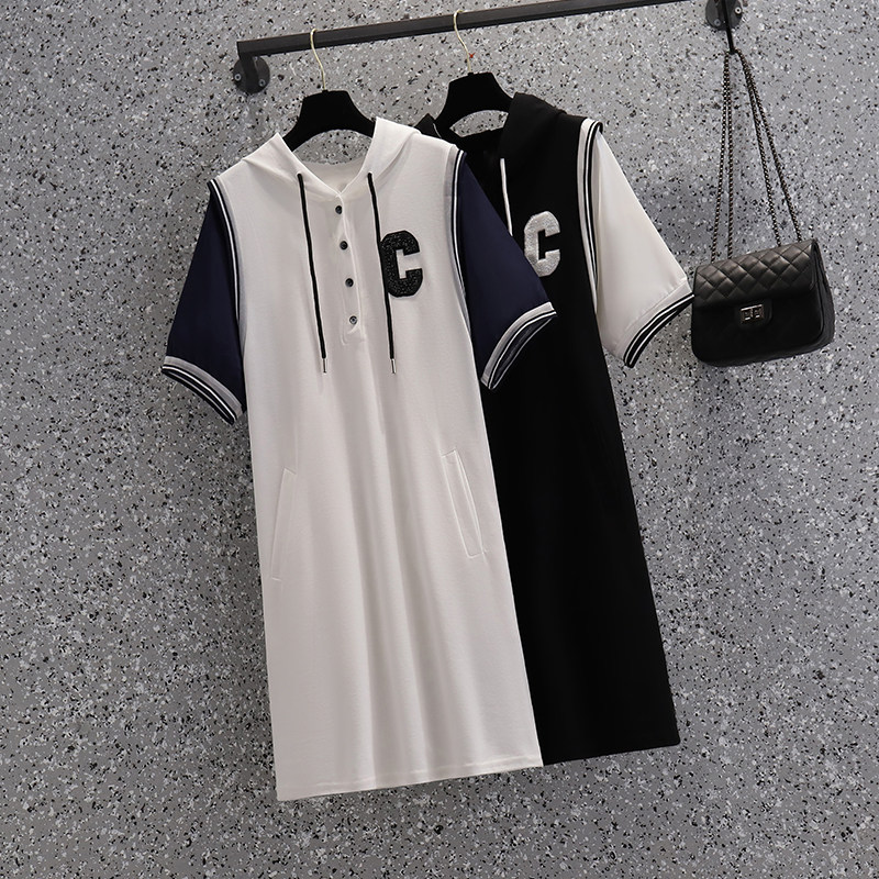 实拍2021夏季新款大码女装胖mm拼色字母连帽宽松假两件a字连衣裙