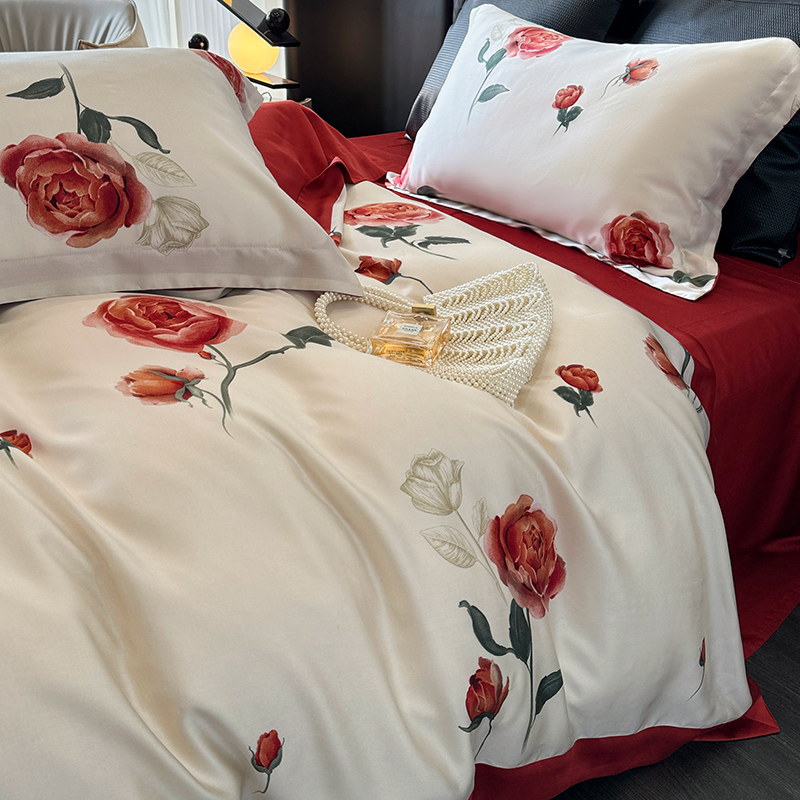轻奢风100S兰精天丝婚庆四件套红色玫瑰印花被套结婚裸睡床上用品