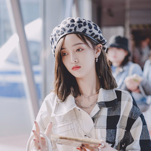 韩国复古画家帽豹纹贝雷帽子女秋冬款天文艺简约蓓蕾帽韩版休闲帽