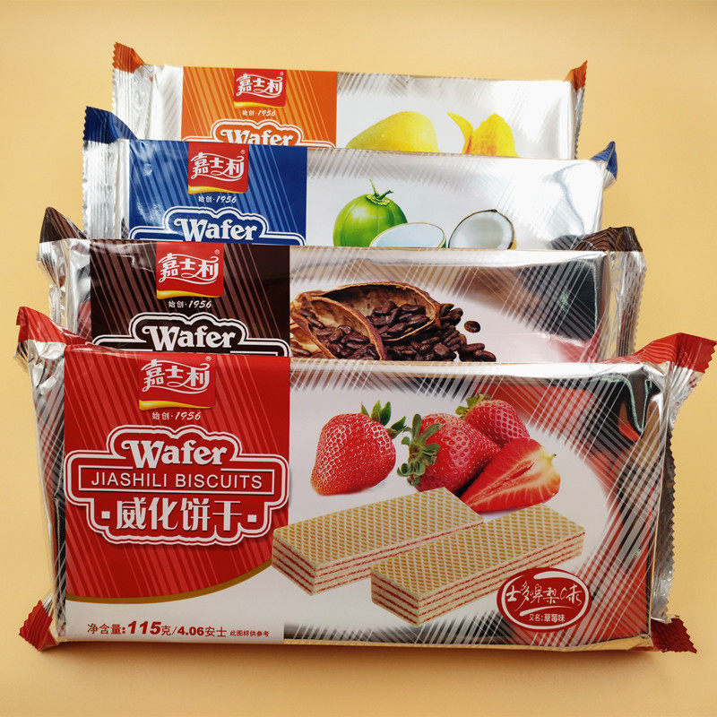 嘉士利 威化饼干 115克x6袋 草莓巧克力椰味香芒 夹心美味 饼干脆