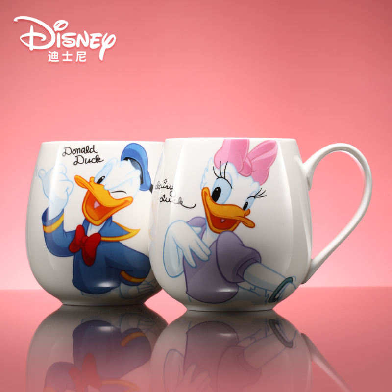 迪士尼米奇家族水杯 带盖带勺陶瓷杯卡通牛奶咖啡早餐杯 可爱杯子