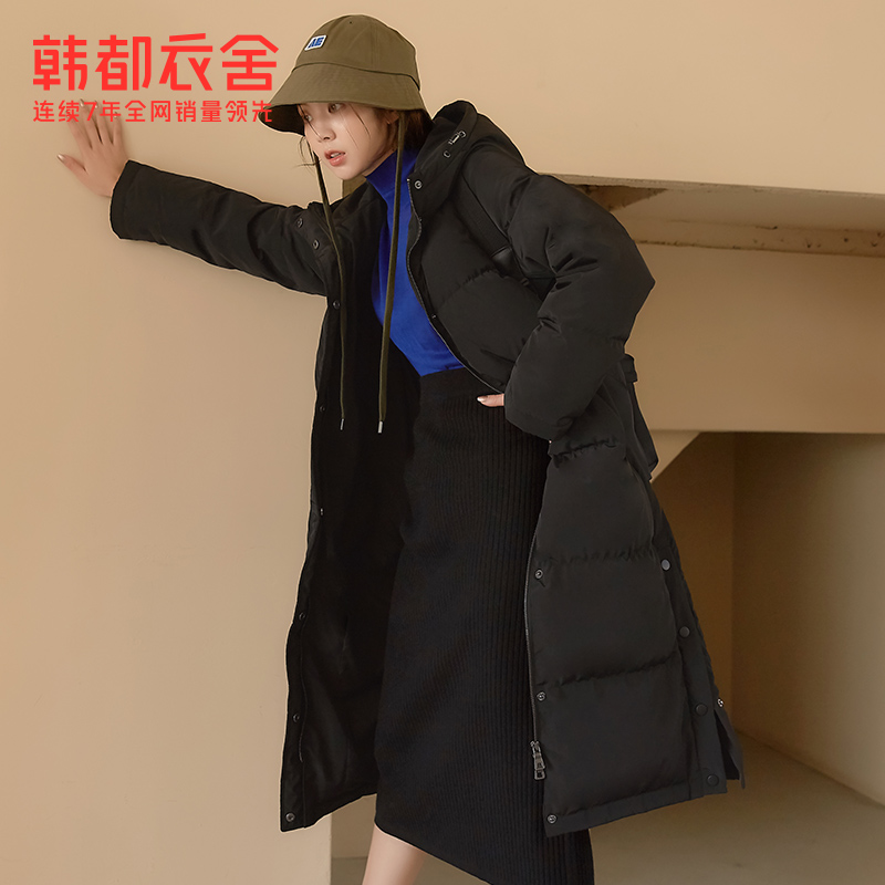 韩都衣舍冬装新款女装韩版百搭纯色chic气质黑色加厚中长款羽绒服