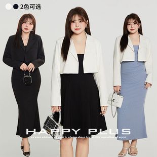 happyhut品牌加肥加大码女装200斤胖mm短截断式西服短款西服外套