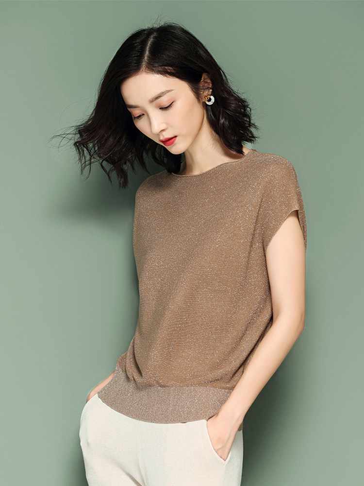 冰丝衫女2019春夏冰丝针织衫圆领宽松薄款蝙蝠袖短款亮丝针织上衣