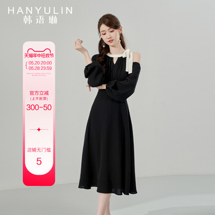 韩语琳法式连衣裙女2024新款春秋气质收腰显瘦高级感黑色长袖裙子