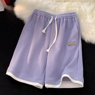 紫色华夫格休闲短裤女夏季薄款撞色拼接宽松直筒阔腿运动五分裤子